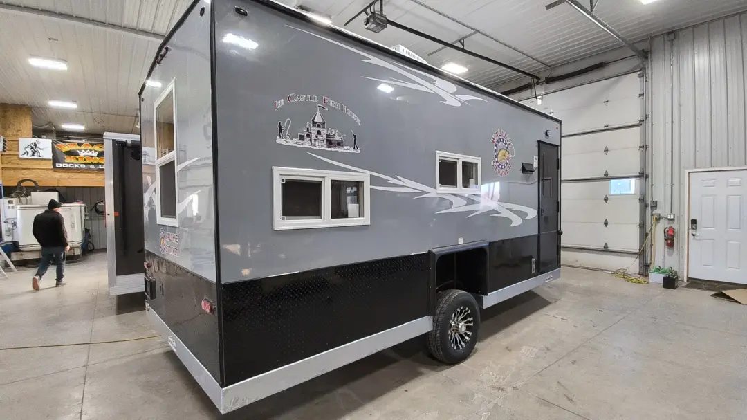 Wheeled Fish House 2026 Ice Castle 8 x 17 V Walleye Stryker Glacial Lakes
